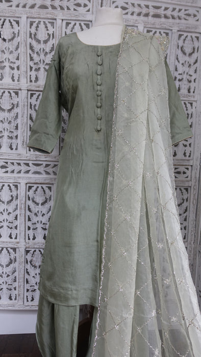 Sage Green Chanderi Silk Salwar Kameez - UK 14/EU 40 - Preloved