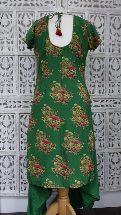 Bright Green Floral Print Crepe Silk Salwar Kameez - UK 12/EU 38 - New
