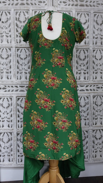 Bright Green Floral Print Crepe Silk Salwar Kameez - UK 12/EU 38 - New