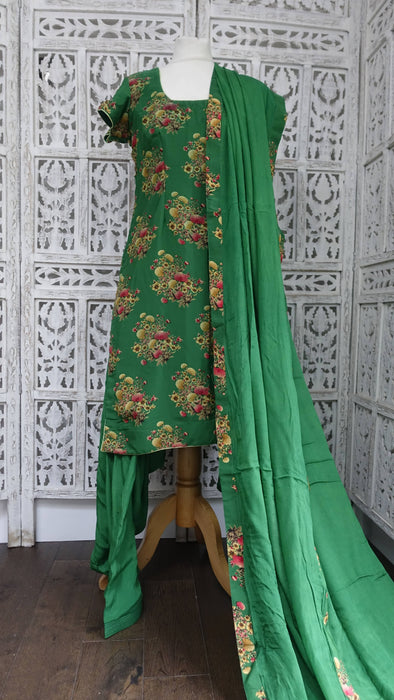 Bright Green Floral Print Crepe Silk Salwar Kameez - UK 12/EU 38 - New