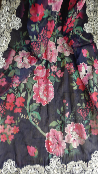 Navy Bue Floral Crepe Silk Salwar Kameez - UK 16/EU 42 - Preloved