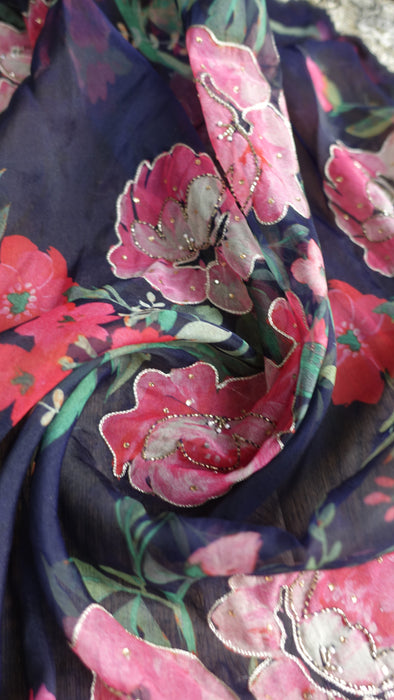 Navy Bue Floral Crepe Silk Salwar Kameez - UK 16/EU 42 - Preloved