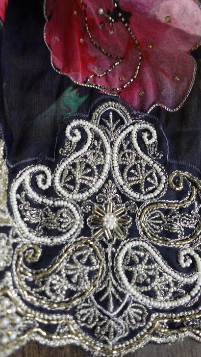 Navy Bue Floral Crepe Silk Salwar Kameez - UK 16/EU 42 - Preloved