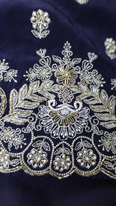 Navy Bue Floral Crepe Silk Salwar Kameez - UK 16/EU 42 - Preloved
