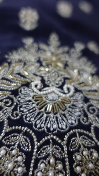 Navy Bue Floral Crepe Silk Salwar Kameez - UK 16/EU 42 - Preloved