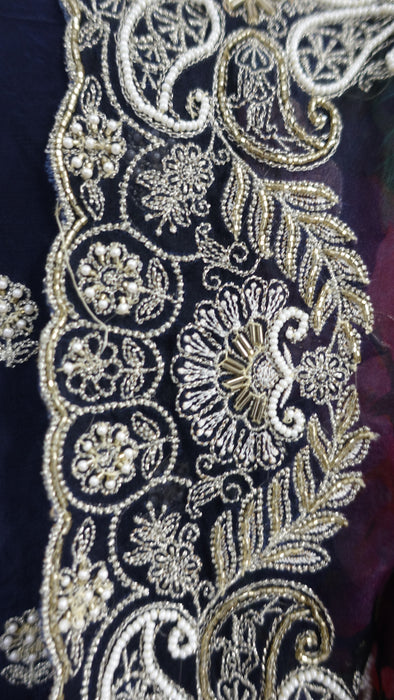 Navy Bue Floral Crepe Silk Salwar Kameez - UK 16/EU 42 - Preloved