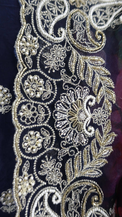Navy Bue Floral Crepe Silk Salwar Kameez - UK 16/EU 42 - Preloved