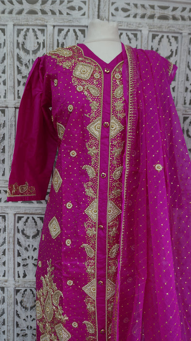 Hot Pink Vintage Silk Salwar Kameez - UK 14/EU 40 - New