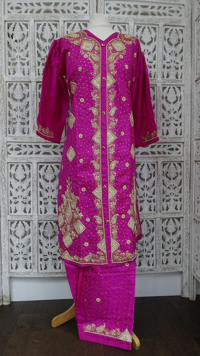 Hot Pink Vintage Silk Salwar Kameez - UK 14/EU 40 - New