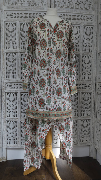 Cream And Printed Cotton Khaadi Salwar Suit - UK 14 / EU 40 - Preloved