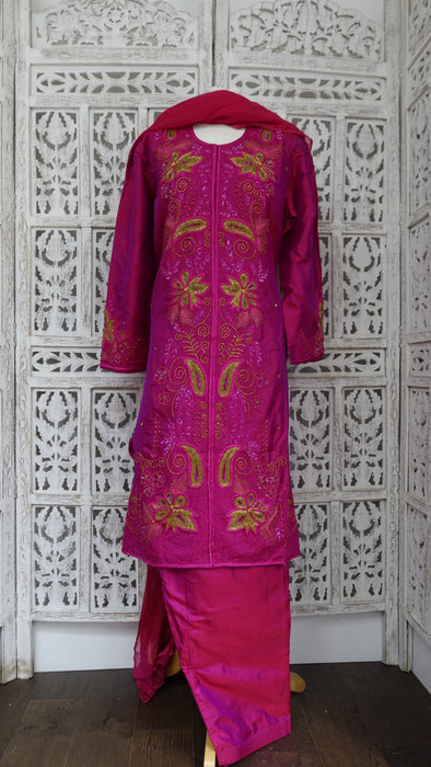 2 Tone Pink Pure Silk Vintage Salwar Kameez - UK 16/EU 42 - New