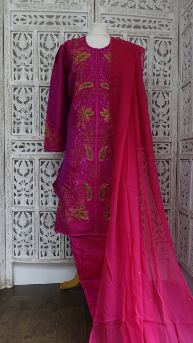 2 Tone Pink Pure Silk Vintage Salwar Kameez - UK 16/EU 42 - New