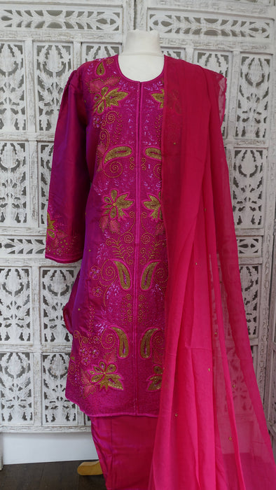 2 Tone Pink Pure Silk Vintage Salwar Kameez - UK 16/EU 42 - New