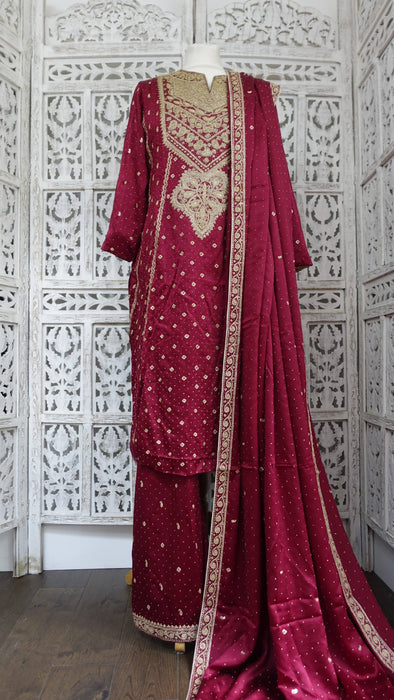 Dark Red Sateen Silk Salwar Kameez - UK 12/EU 38 - New