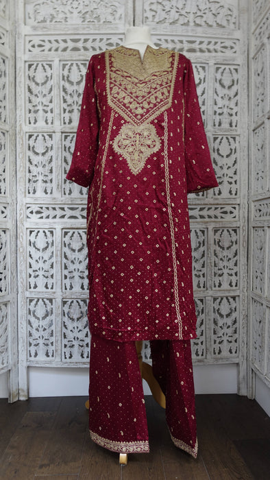 Dark Red Sateen Silk Salwar Kameez - UK 12/EU 38 - New
