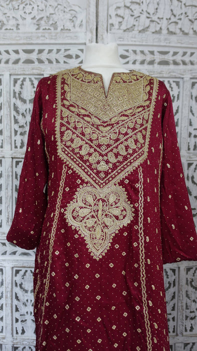 Dark Red Sateen Silk Salwar Kameez - UK 12/EU 38 - New