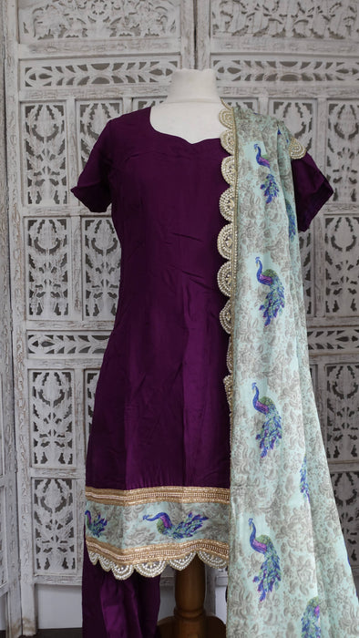 Plum Chanderi Silk With Peacock Dupatta UK 12/EU 38 - New