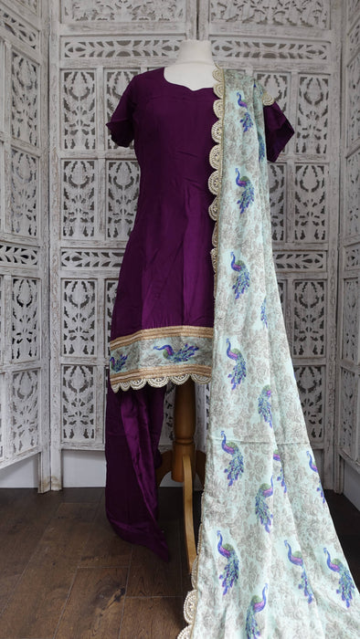 Plum Chanderi Silk With Peacock Dupatta UK 12/EU 38 - New