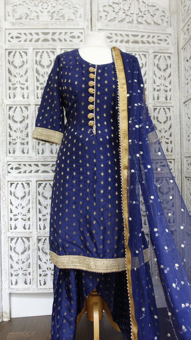 Navy Blue Chanderi Silk Salwar Kameez - UK 14/EU 40 - Preloved