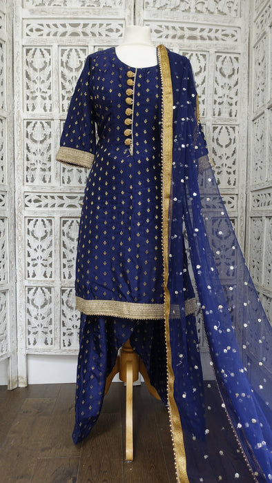 Navy Blue Chanderi Silk Salwar Kameez - UK 14/EU 40 - Preloved