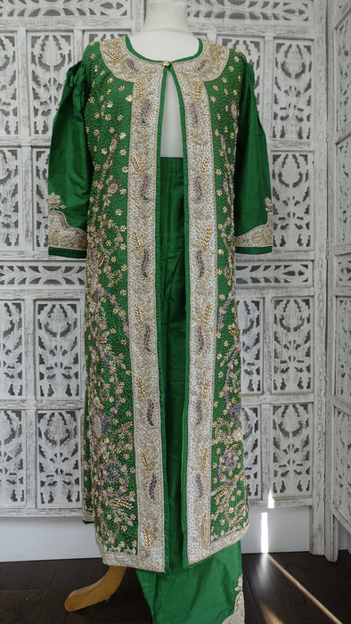 Green Pure SIlk VIntage Salwar Kameez Suit - UK 12/ EU 40 - New