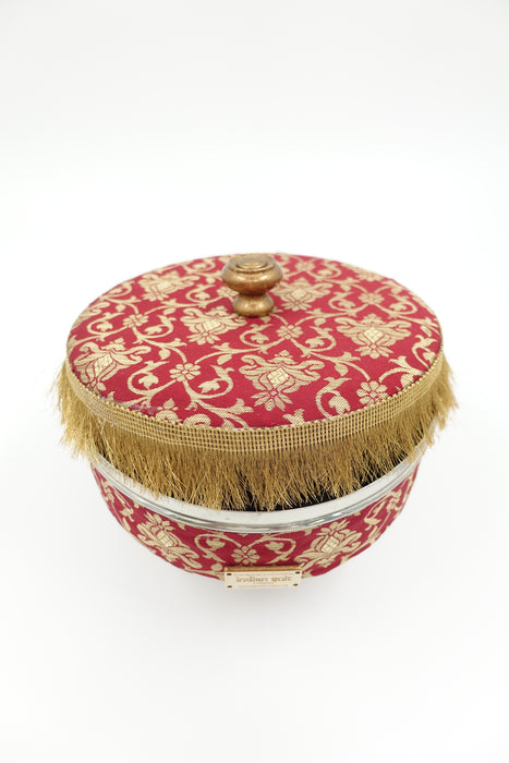 Maroon And Gold Fabric Round Flat Wedding Gift Tin