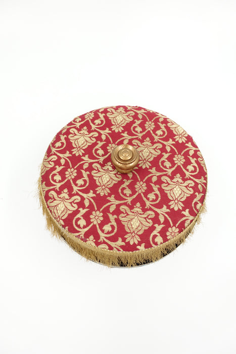 Maroon And Gold Fabric Round Flat Wedding Gift Tin