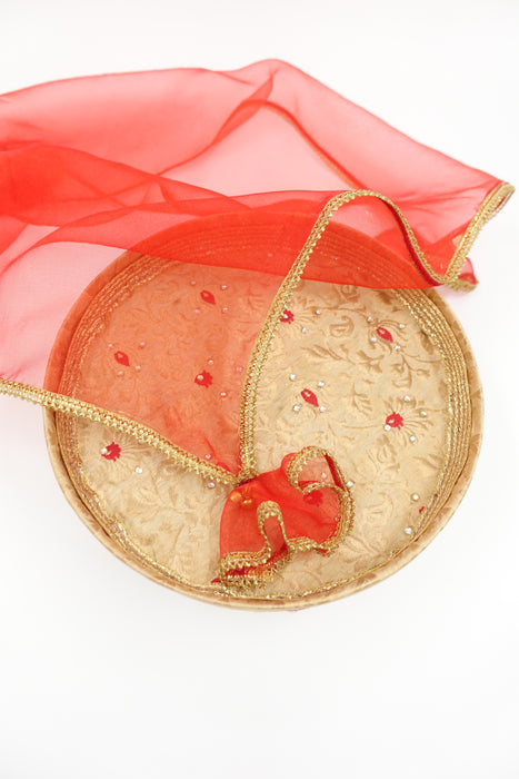 Red And Gold Banarsi Brocade Wedding Gift Tray With Red Cover