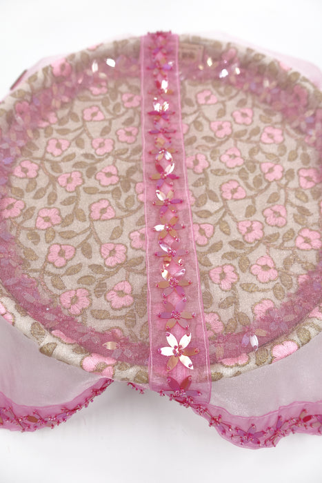 Cream And Pink Floral Tray With Organza Cover With Floral Bead Trim