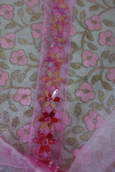 Cream And Pink Floral Tray With Organza Cover With Floral Bead Trim
