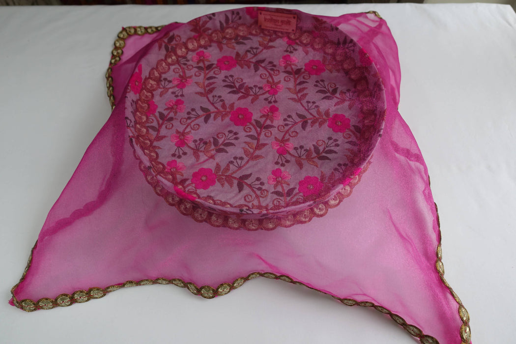Aqua Blue And Pink Floral Wedding Gift Tray With Pink Organza Cover