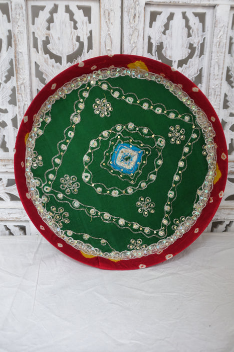 Red And Green Bandhani Print Vintage Silk Tray