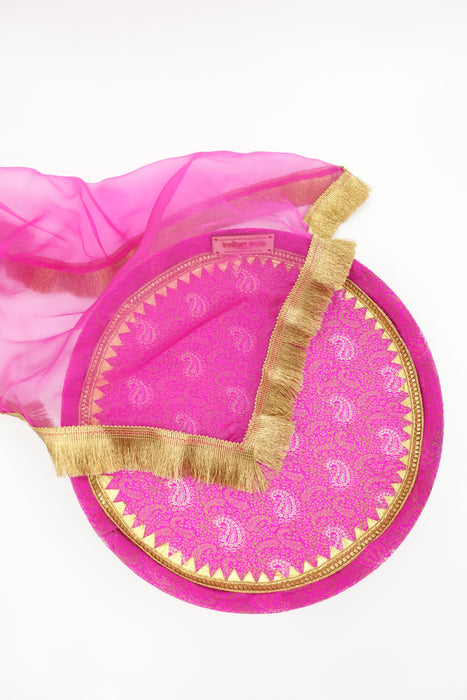 Pink Brocade Vintage Silk Wedding Gift Tray With Voile Cover