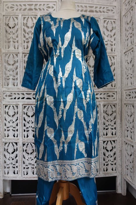 Blue Pure Banarsi Silk Trouser Suit- UK 12/EU 38 - New