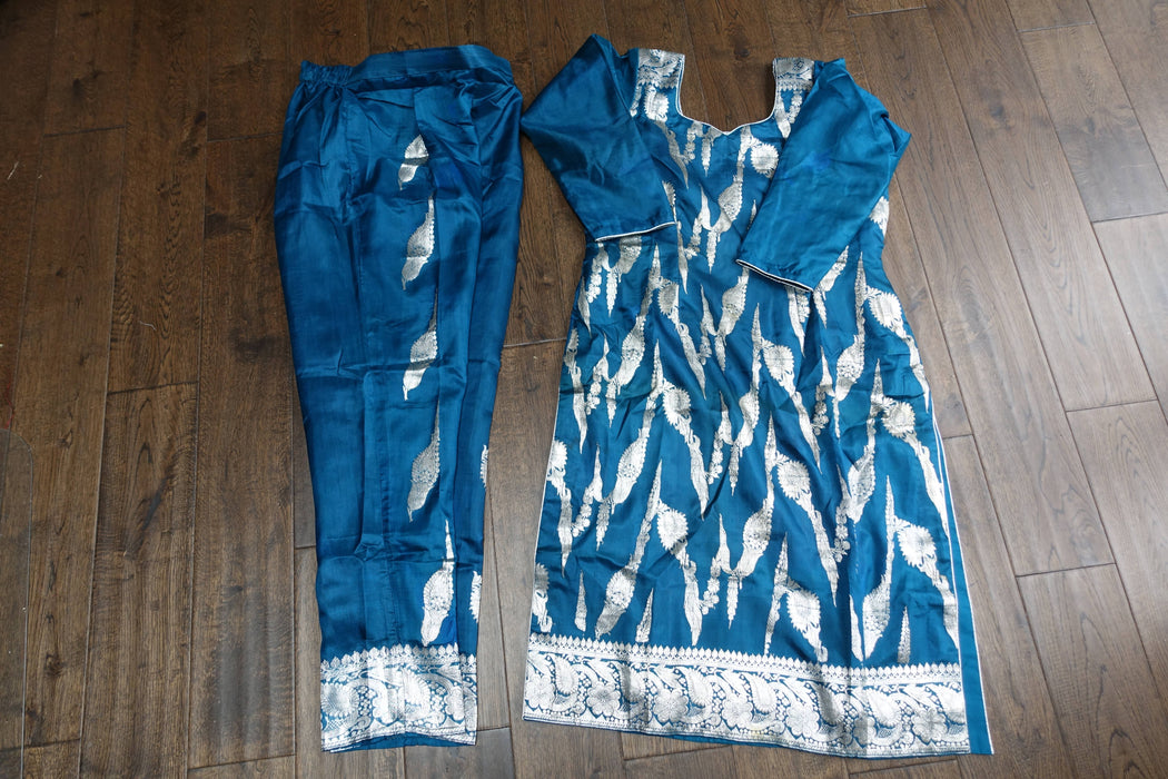 Blue Pure Banarsi Silk Trouser Suit- UK 12/EU 38 - New