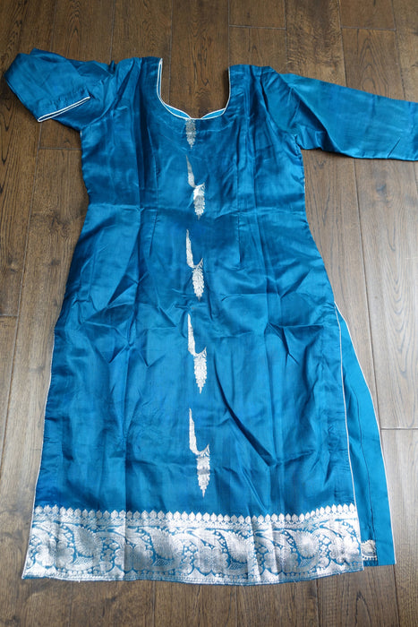Blue Pure Banarsi Silk Trouser Suit- UK 12/EU 38 - New