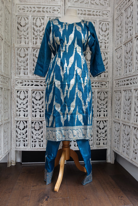 Blue Pure Banarsi Silk Trouser Suit- UK 12/EU 38 - New
