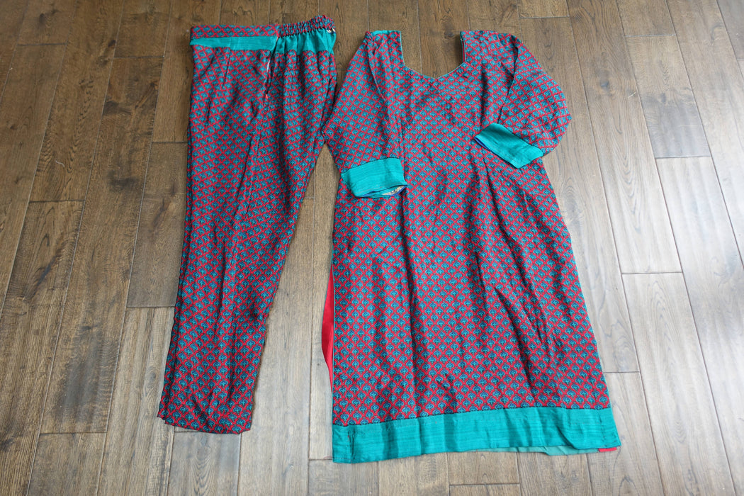 Blue And Red Pure Silk Vintage Trouser Suit - UK 12/EU 38 - New