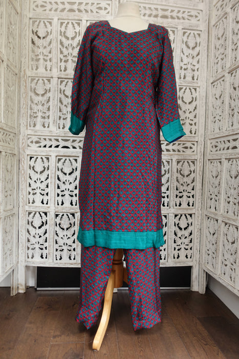 Blue And Red Pure Silk Vintage Trouser Suit - UK 12/EU 38 - New