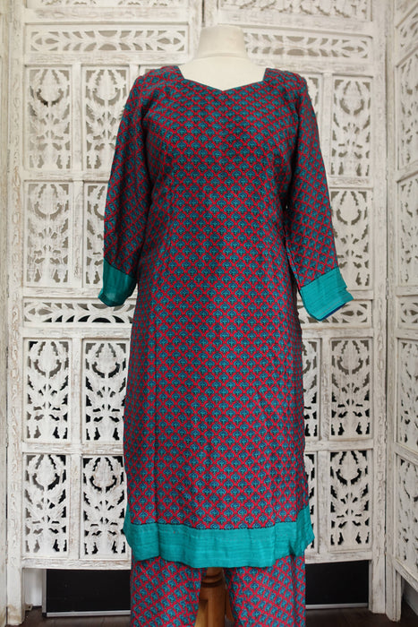 Blue And Red Pure Silk Vintage Trouser Suit - UK 12/EU 38 - New
