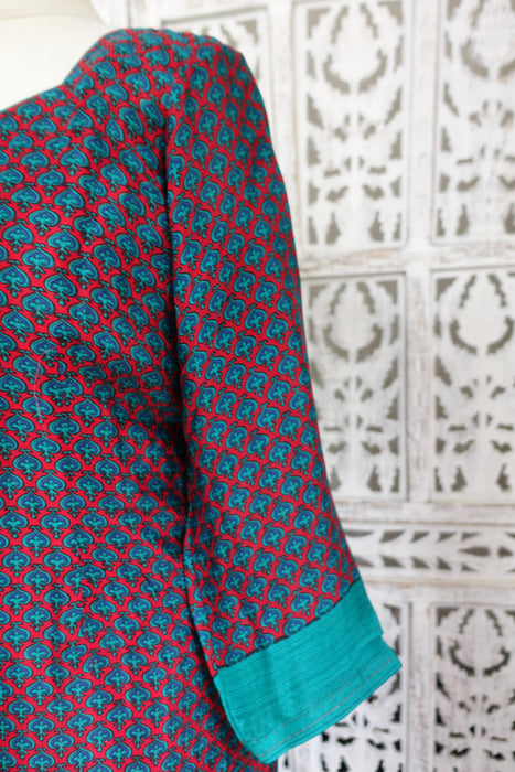 Blue And Red Pure Silk Vintage Trouser Suit - UK 12/EU 38 - New