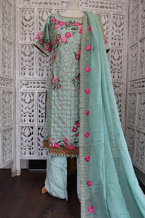 Sea Blue Bootleg Trousers With 2 Dupatta - UK 12 / EU 38 - Preloved