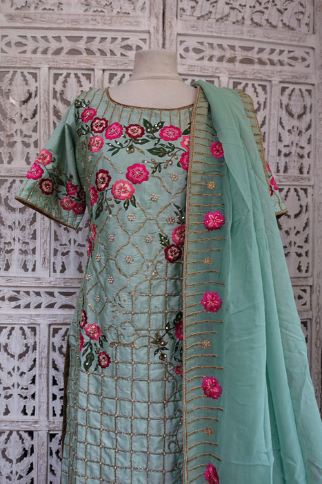 Sea Blue Bootleg Trousers With 2 Dupatta - UK 12 / EU 38 - Preloved