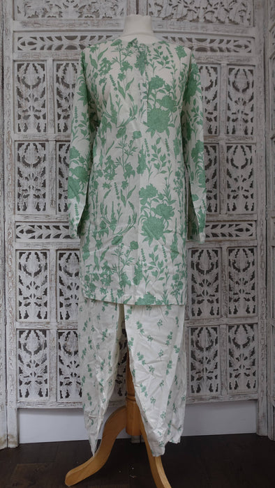 Cream And Green 2Pc Cotton Khaadi Suit - UK 14 / EU 40 - New