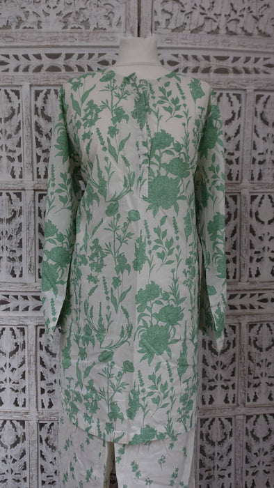 Cream And Green 2Pc Cotton Khaadi Suit - UK 14 / EU 40 - New
