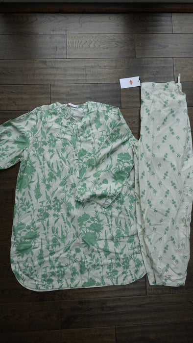 Cream And Green 2Pc Cotton Khaadi Suit - UK 14 / EU 40 - New