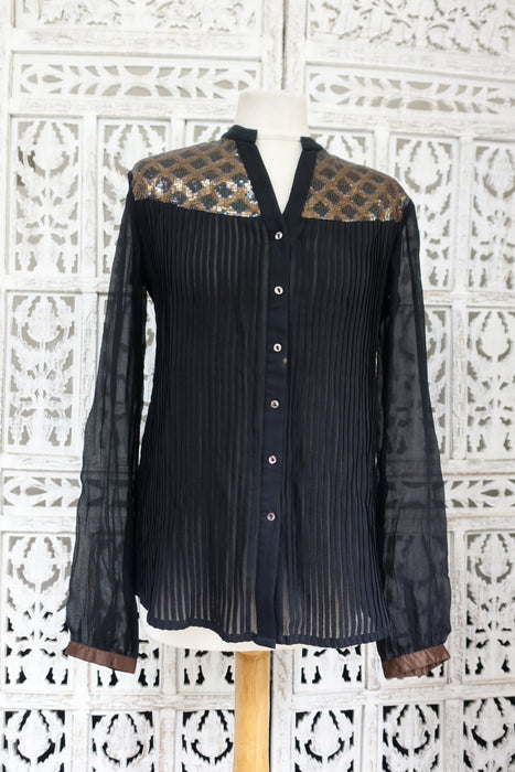 Black Silk Chiffon Designer Ladies Shirt- Medium - New