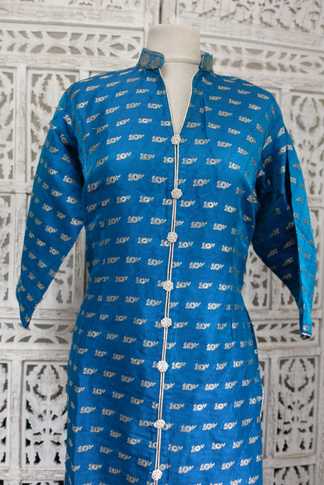 Peacock Blue Vintage Broade Tunic With Diamante Buttons - UK 16 / EU 42 - New