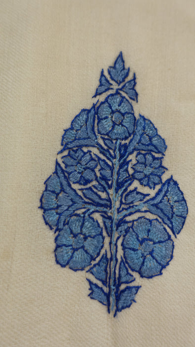 Cream Wool With Sky Blue Kashmiri Embroidered Jacket - UK 16 / EU 42 - New