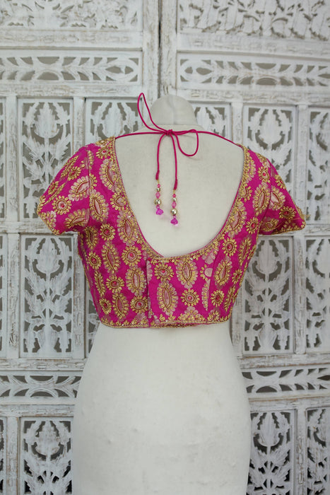 Hot Pink Brocade Silk Zardosi Sari Blouse - UK 14/EU 40 - Preloved